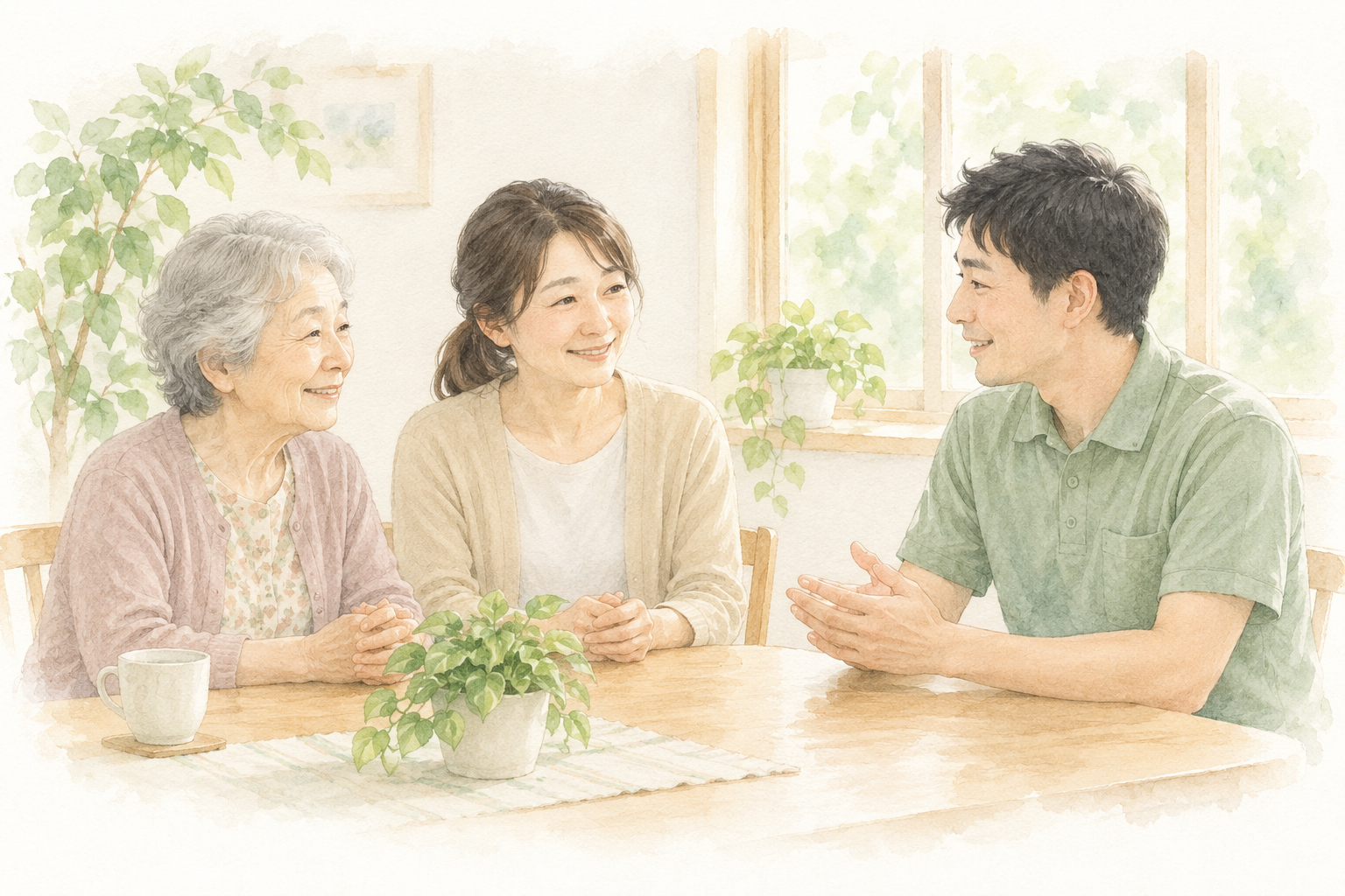 ご本人とご家族が看護師と穏やかに話す、水彩調のイラスト